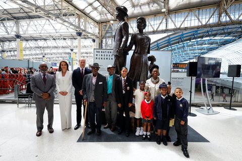 london, england   june 22  prince william and catherine, duchess of cambridge accompanied by baroness floella benjamin, windrush passengers alford gardner and john richards and children pose for a picture next to the national windrush monument at waterloo station on june 22, 2022 in london, england photo by john sibley   wpa poolgetty images