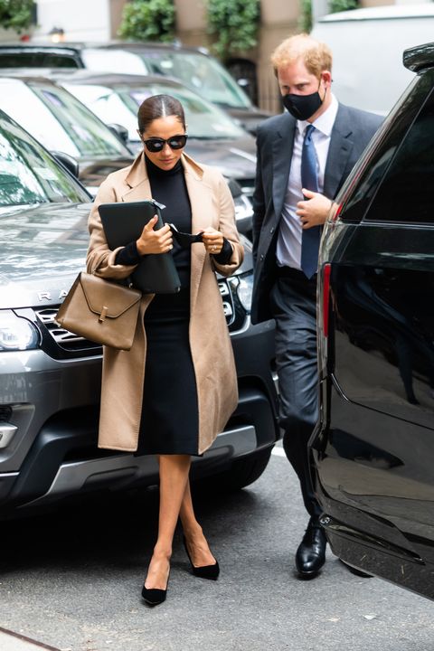 new york, new york   september 23 meghan, duchess of sussex, and prince harry, duke of sussex, are seen in midtown on september 23, 2021 in new york city photo by gothamgc images
