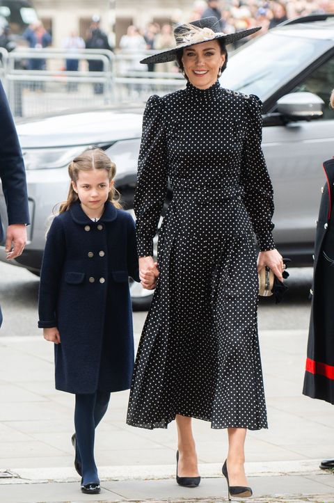 london, england   march 29 catherine, duchess of cambridge, and princess charlotte of cambridge attend the memorial service for the duke of edinburgh at westminster abbey on march 29, 2022 in london, england photo by samir husseinwireimage