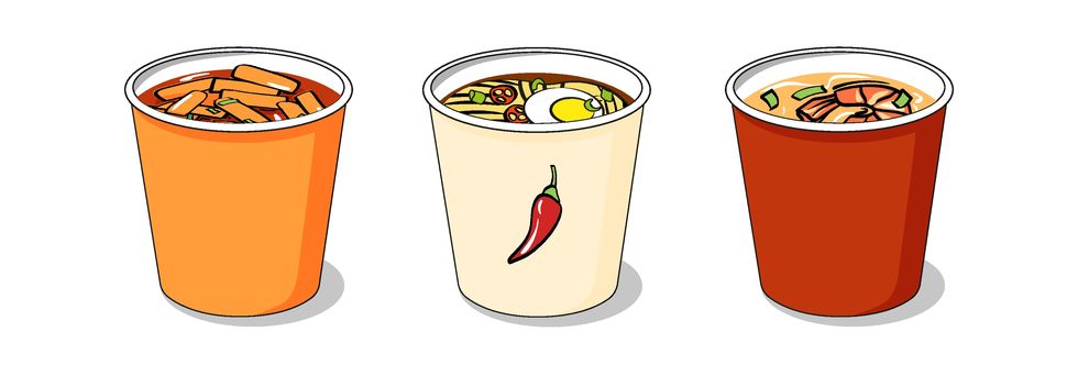 set of traditional korean dishes in instant takeaway cups   tteokbokki, ramen, spicy shrimp soup popular asian food in flat cartoon style on isolated white background for icons, logos, menus