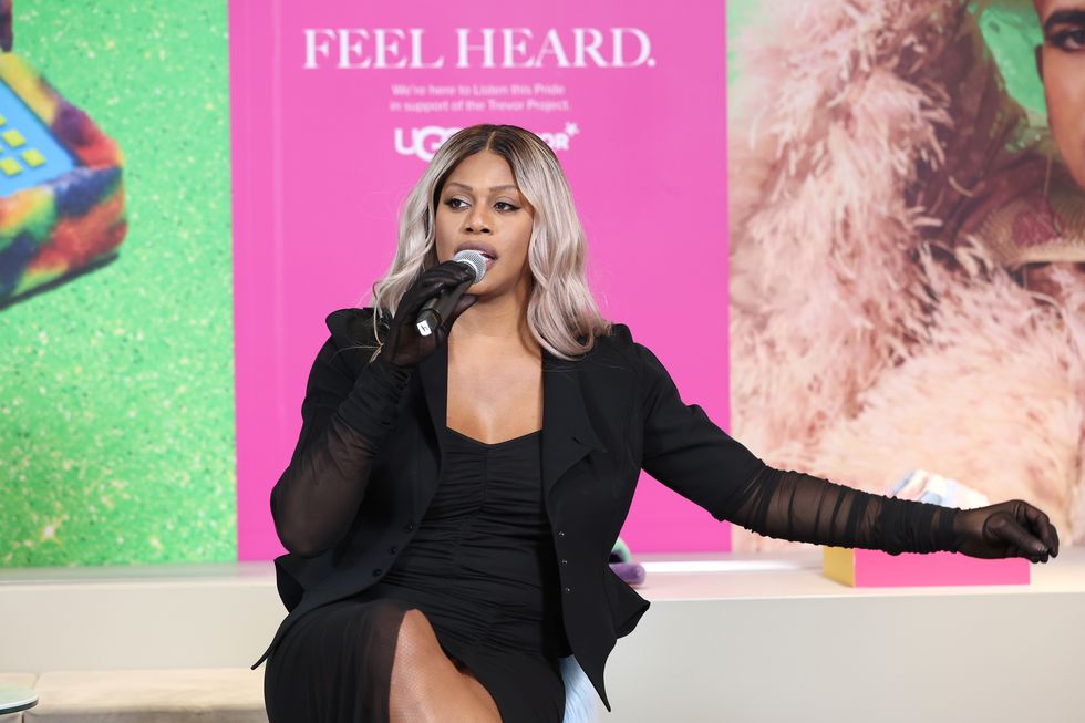 new york, new york   june 07 laverne cox speaks during ugg  the trevor project host feel heard panel for pride 2022 with alok  laverne cox at ugg nyc flagship on june 07, 2022 in new york city photo by monica schippergetty images for ugg