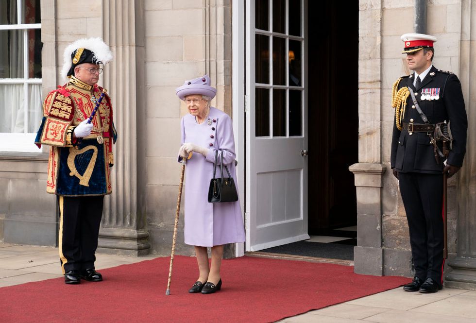 edinburgh, scotland   june 28 queen elizabeth ii attends an armed forces act of loyalty parade at the palace of holyroodhouse on june 28, 2022 in edinburgh, united kingdom members of the royal family are spending a royal week in scotland, carrying out a number of engagements between monday june 27 and friday july 01, 2022 photo by jane barlow   wpa poolgetty images