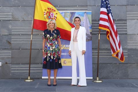 pozuelo de alarcon, spain   june 28  in this handout image provided by the spanish royal household, us first lady jill biden and queen letizia of spain are seen visiting the creade refugees center on june 28, 2022 in pozuelo de alarcon, spain photo by spanish royal household via getty images