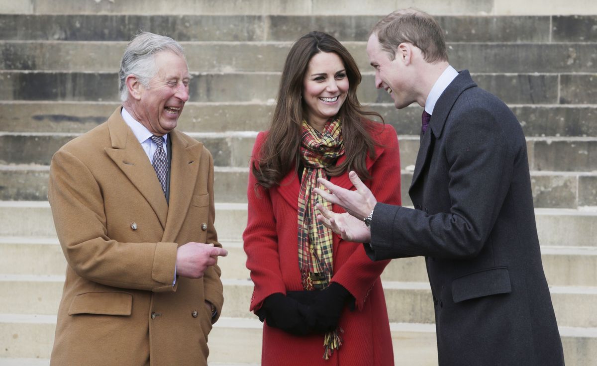 ayrshire, united kingdom  march 05 prince charles, prince of wales, known as the duke of rothesay, catherine, duchess of cambridge, known as the countess of strathearn, and prince william, duke of cambridge, known as the earl of strathearn, when in scotland during a visit to dumfries house on march 05, 2013 in ayrshire, scotland the duke and duchess of cambridge braved the bitter cold to attend the opening of an outdoor centre in scotland today the couple joined the prince of wales at dumfries house in ayrshire where charles has led a regeneration project since 2007 hundreds of locals and 600 members of youth groups including the girl guides and scouts turned out for the official opening of the tamar manoukin outdoor centre photo by danny lawson   wpa poolgetty images