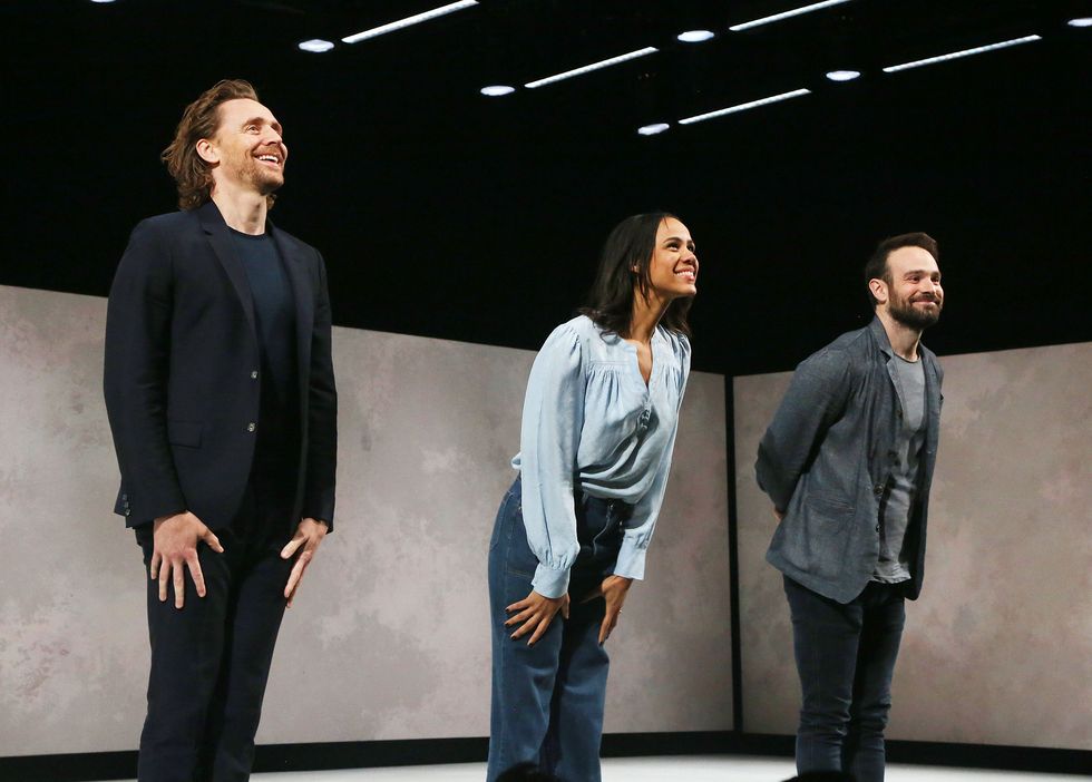 new york, new york   october 10exclusive coverage l r tom hiddleston, zawe ashton and charlie cox take the curtain call for betrayal honoring the late playwright harold pinters 89th birthday onstage at the bernard b jacobs theatre on october 10, 2019 in new york city photo by bruce glikasgetty images