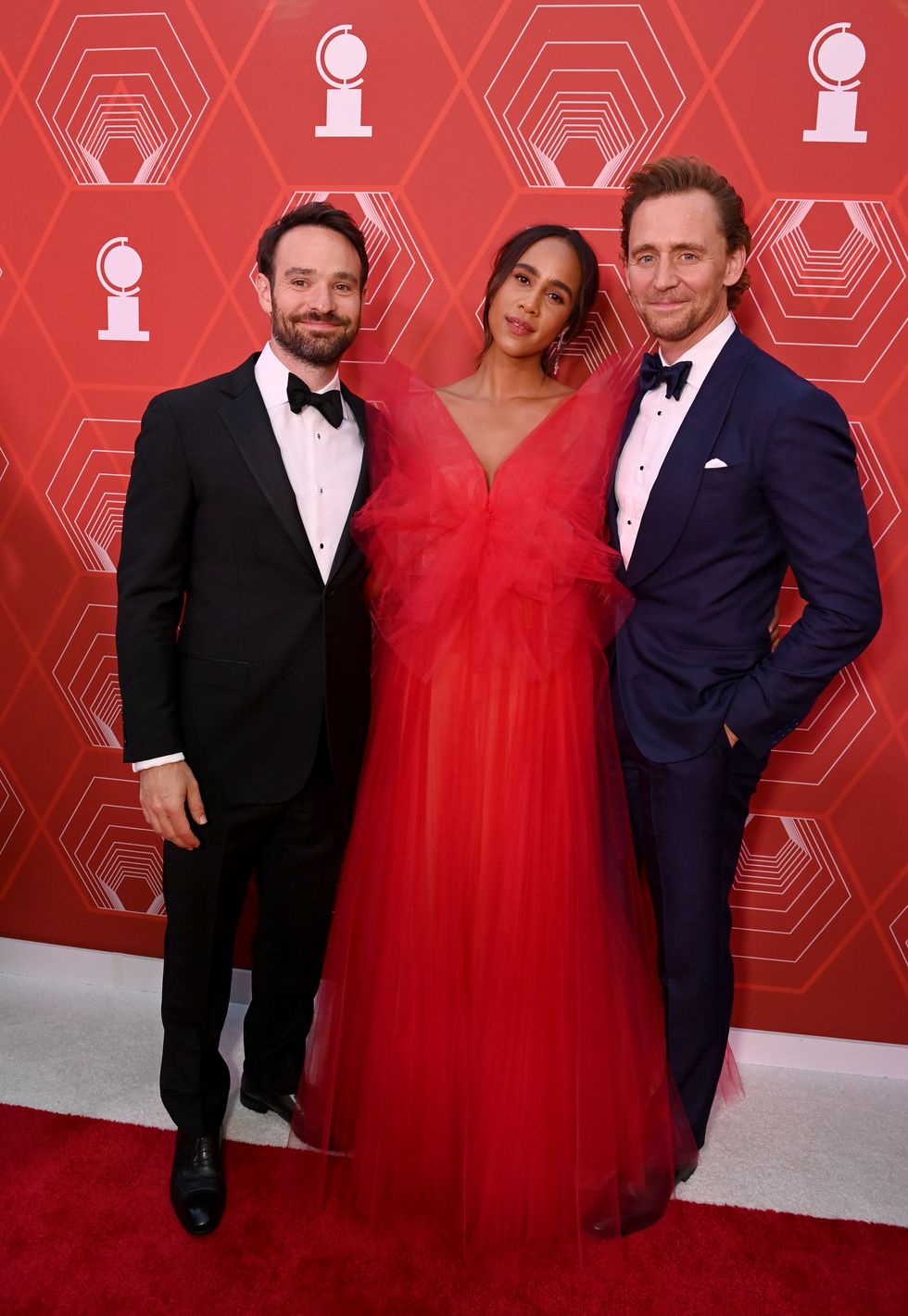 new york, new york   september 26 l r charlie cox, zawe ashton and tom hiddleston attend the 74th annual tony awards at winter garden theater on september 26, 2021 in new york city photo by bryan beddergetty images for tony awards productions