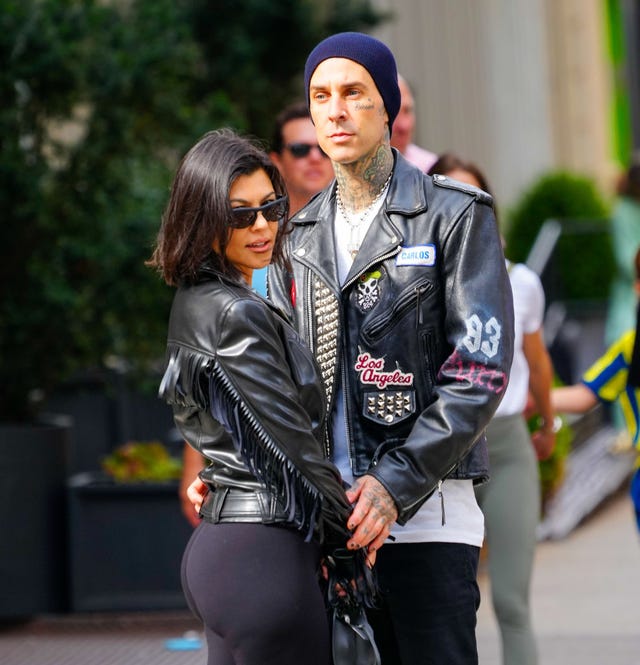 new york, new york   october 16 kourtney kardashian and travis barker are seen on october 16, 2021 in new york city photo by gothamgc images