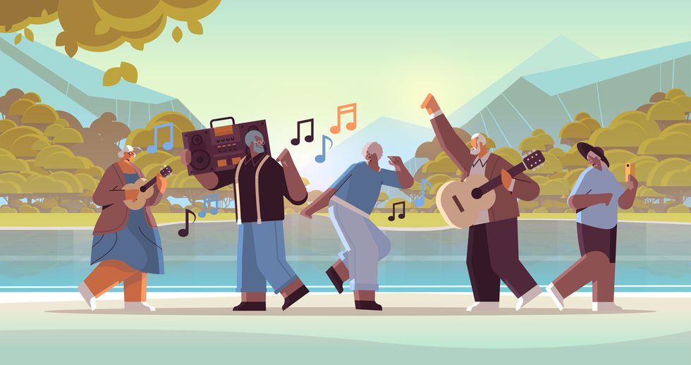mix race senior people with bass clipping blaster recorder dancing and singing grandparents having fun active old age concept landscape background full length horizontal vector illustration