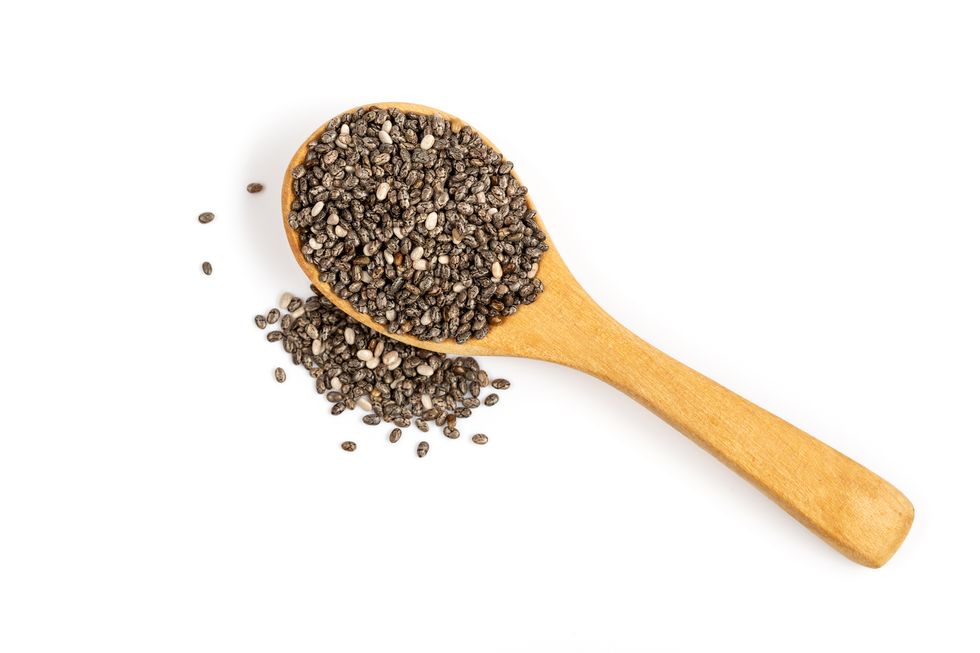 chia seeds in wooden spoon isolated on white background