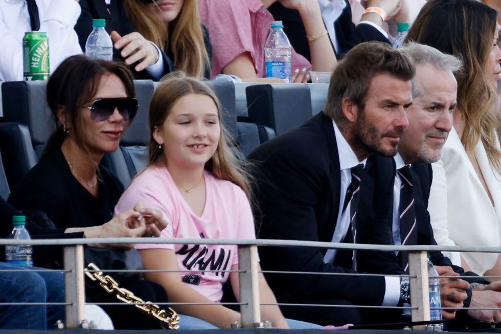 fort lauderdale, florida   april 18 david beckham, owner of inter miami cf, wife victoria beckham l and their daughter harper beckham attend the game between inter miami fc and the los angeles galaxy at drv pnk stadium on april 18, 2021 in fort lauderdale, florida photo by cliff hawkinsgetty images