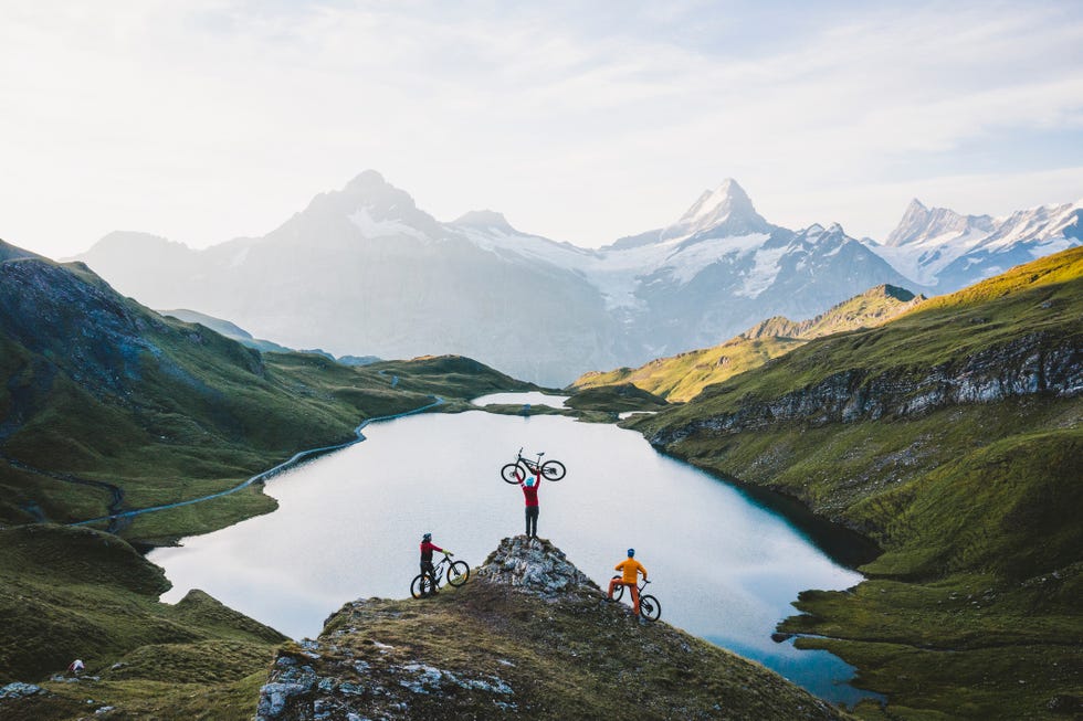happy hikers raising up the mountain bike at bachalpsee lake, aerial view, grindelwald, bernese oberland, switzerland