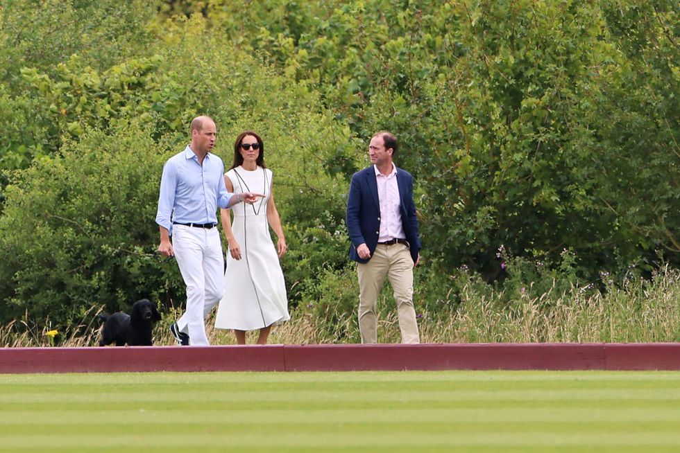 egham, england   july 06 l to r prince william, duke of cambridge, catherine, duchess of cambridge and andrew tucker attend the the royal charity polo cup 2022 at guards polo club on july 6, 2022 in egham, england photo by mark bolandgetty images