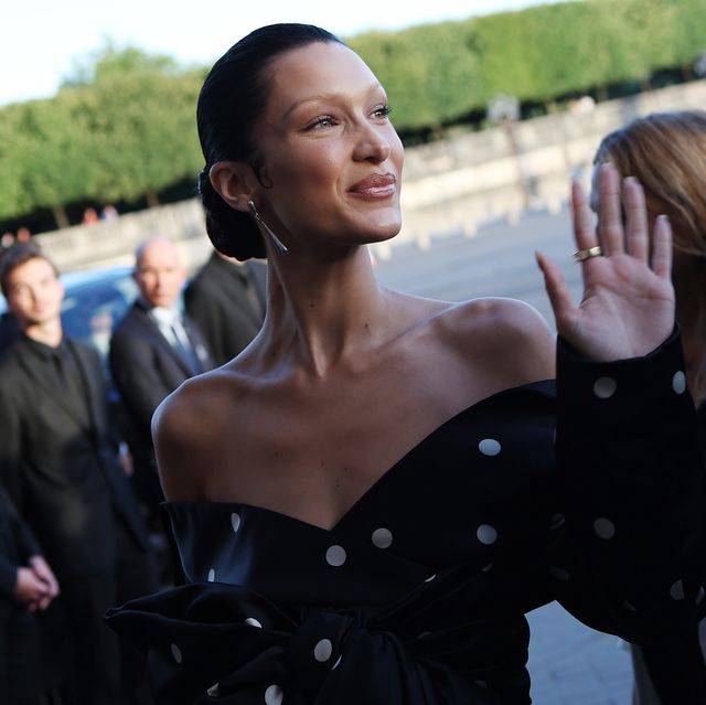 Bella Hadid Parties in Couture Off-the-Shoulder Polka-Dot Pantsuit