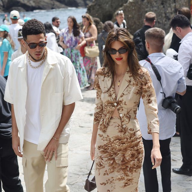 portofino, italy   may 21 kendall jenner and devin booker arriving for lunch at the abbey of san fruttuoso on may 21, 2022 in portofino, italy photo by ninogc images