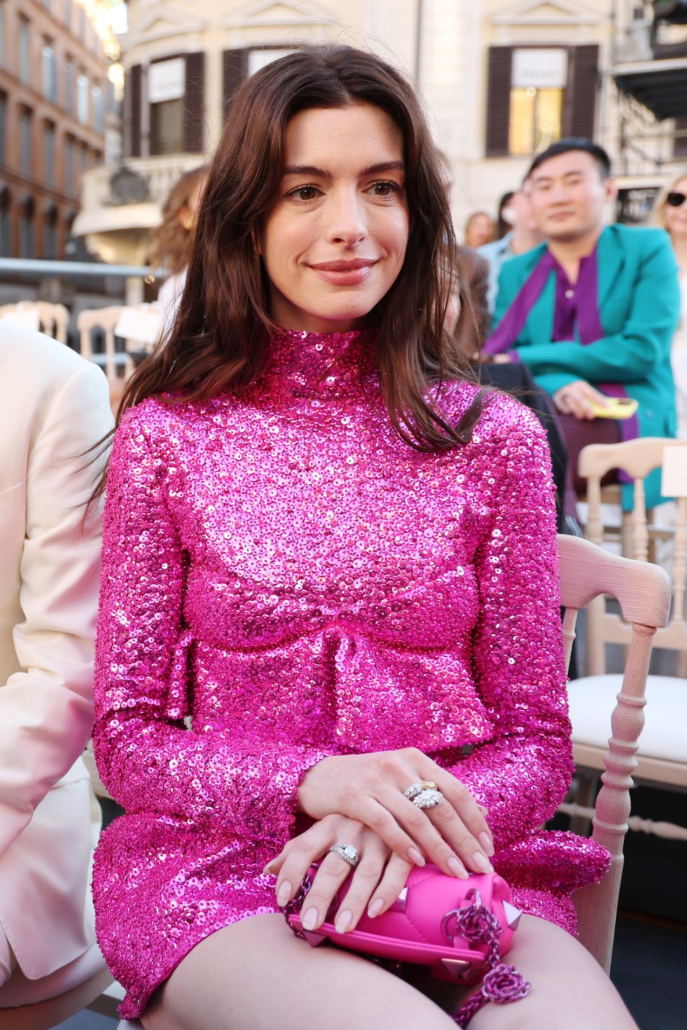 Anne Hathaway Looks Divine in Sparkling Hot Pink Minidress