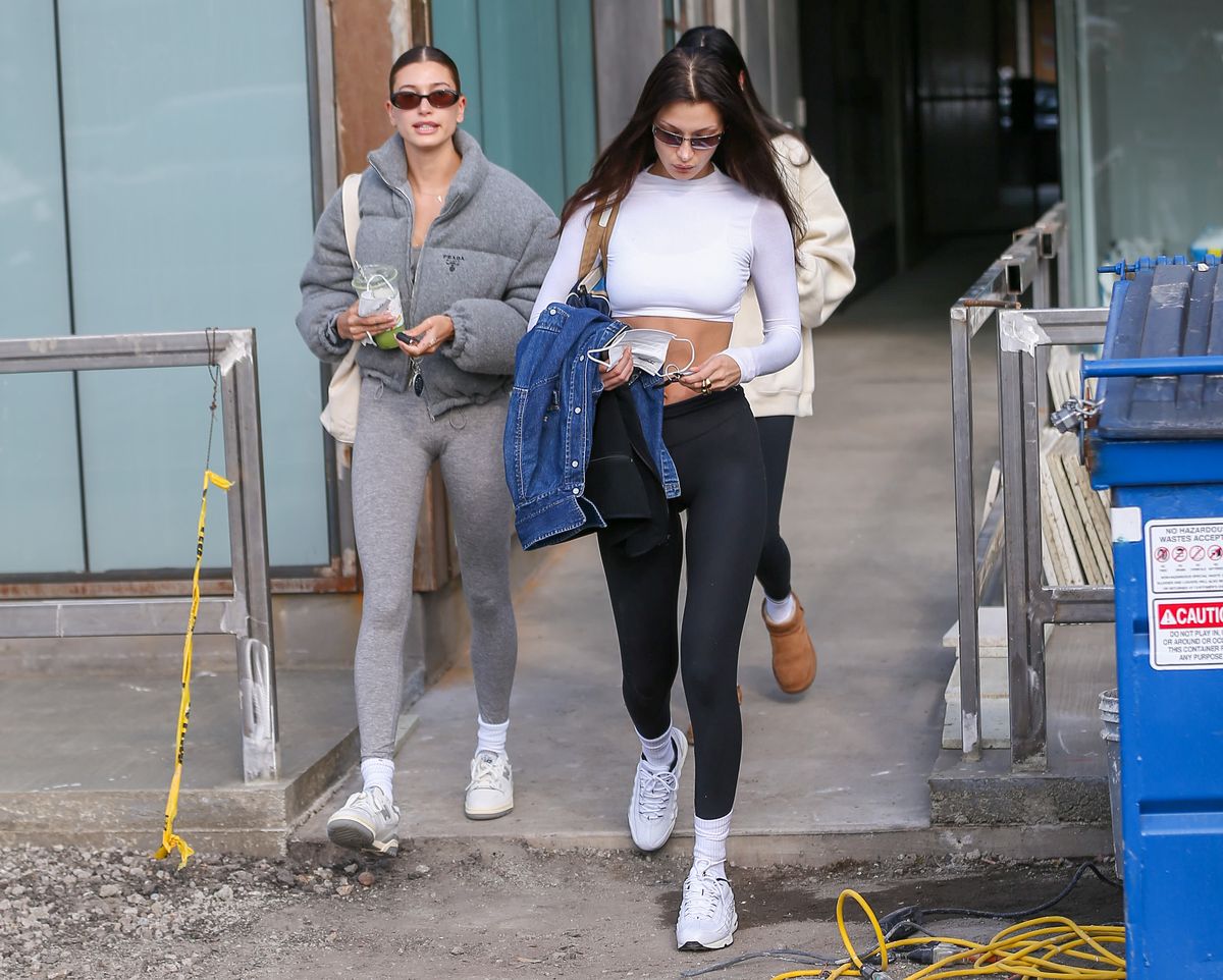 amazon prime day alo yoga leggings los angeles, ca   january 08 hailey bieber and bella hadid are seen on january 08, 2022 in los angeles, california  photo by bellocqimagesbauer griffingc images