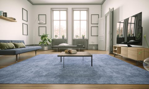 a blue area carpet adds color and softness to a living room