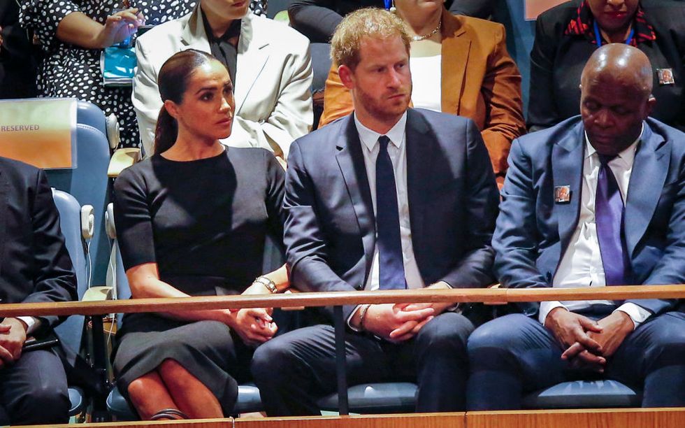 prince harry and meghan markle, the duke and duchess of sussex, attend the 2020 un nelson mandela prize award ceremony at the united nations in new york on july 18, 2022   the prize is being awarded to marianna vardinoyannis of greece and doctor morissanda kouyate of guinea photo by kena betancur  afp photo by kena betancurafp via getty images