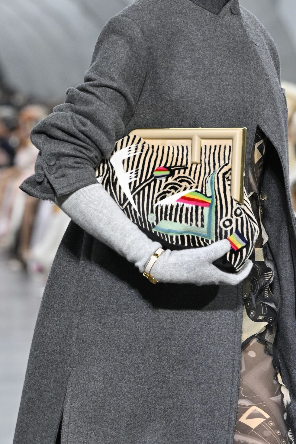 milan, italy   february 23 a model, bag detail, walks the runway at the fendi fashion show during the milan fashion week fallwinter 20222023 on february 23, 2022 in milan, italy photo by pietro dapranogetty images
