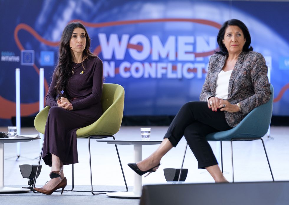 brussels, belgium   june 9 iraqi yazidi, human rights activist, founder of nadia's initiative, nobel peace prize awarded nadia murad basee taha l is talking with the president of georgia salome zourabichvili r during a conference on 'women in conflicts' that gathers women leaders and survivors of conflicts in the europa, the eu council headquarter on june 9, 2022 in brussels, belgium photo by thierry monassegetty images