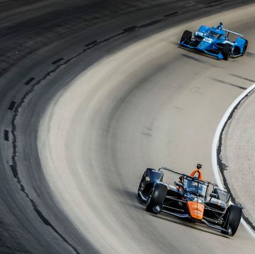 fort worth, tx   may 02 pato oward 5 arrow mclaren sp chevrolet speeds into turn 4 while  alex palou 10 chip ganassi racing honda follows him during the indycar xpel 375 on may 2, 2021 at the texas motor speedway in fort worth, texas photo by matthew pearceicon sportswire via getty images