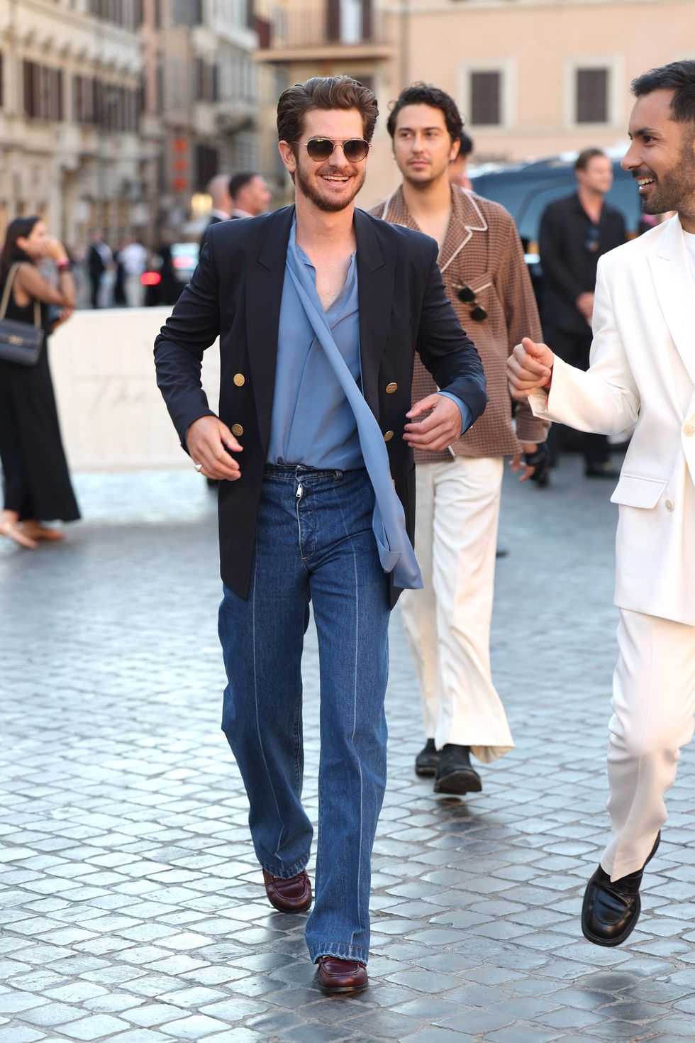 rome, italy   july 08 andrew garfield is seen arriving at the valentino haute couture fallwinter 2223 fashion show on july 08, 2022 in rome, italy photo by jacopo raulegetty images