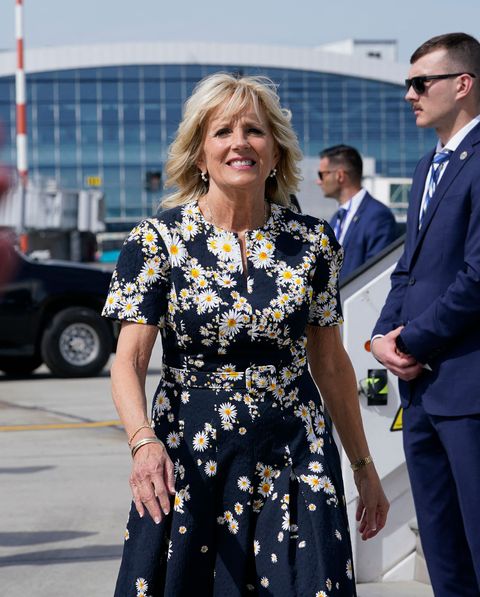 us first lady jill biden walks over to talk to reporters at henri coanda international airport in bucharest romania,  on may 7, 2022   biden is heading to slovakia after spending part of her time in romania, meeting with teachers and families displaced by the war in ukraine photo by susan walsh  pool  afp photo by susan walshpoolafp via getty images