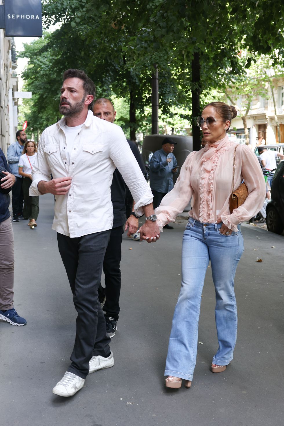 paris, france   july 25 jennifer lopez and ben affleck are seen at a sephora store on july 25, 2022 in paris, france photo by pierre suugc images