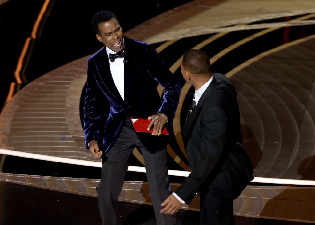 hollywood, california   march 27 will smith appears to slap chris rock onstage during the 94th annual academy awards at dolby theatre on march 27, 2022 in hollywood, california photo by neilson barnardgetty images