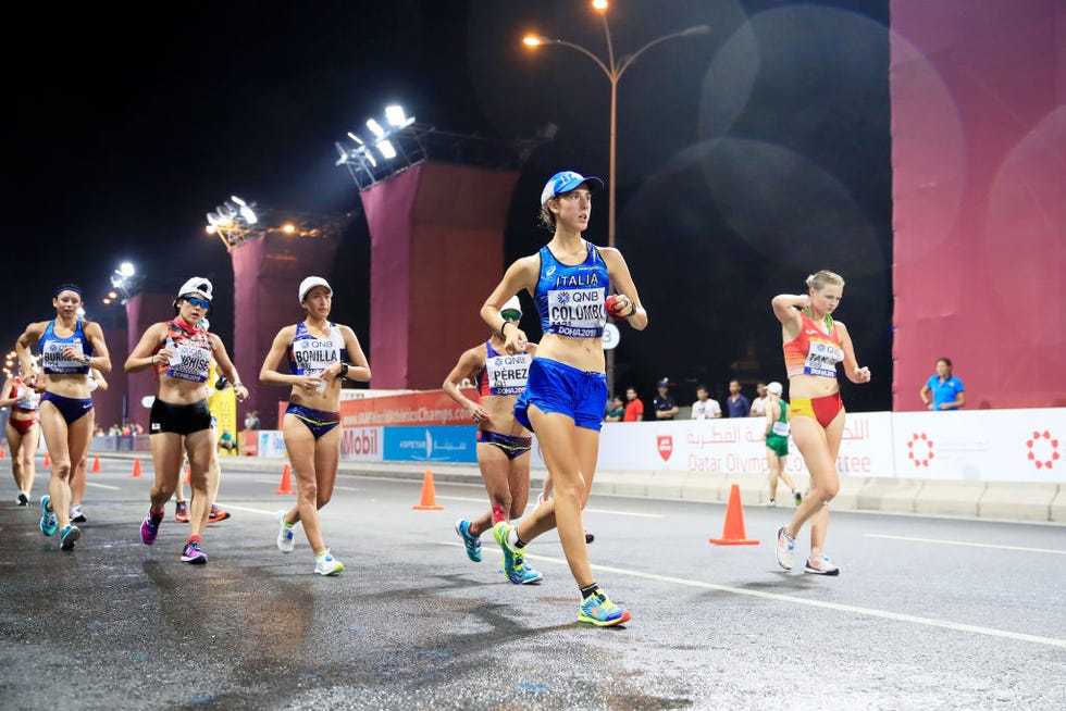 doha, qatar   september 29  júlia takács of spain and  nicole colombi of italy compete in the womens 50 kilometres race walk final on day two of 17th iaaf world athletics championships doha 2019 in the early morning hours of september 29, 2019 in doha, qatar photo by andy lyonsgetty images for iaaf