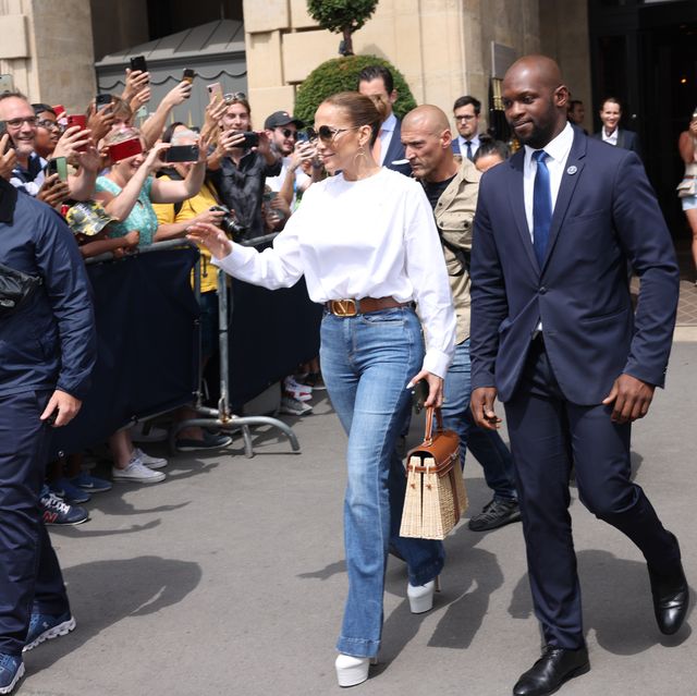 paris, france   july 27 jennifer lopez is seen leaving the crillon hotel on july 27, 2022 in paris, france photo by pierre suugc images