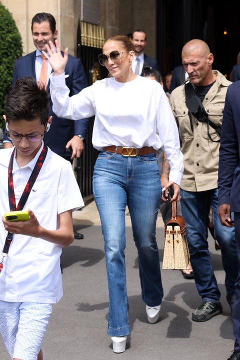 paris, france   july 27 jennifer lopez is seen leaving the crillon hotel on july 27, 2022 in paris, france photo by pierre suugc images