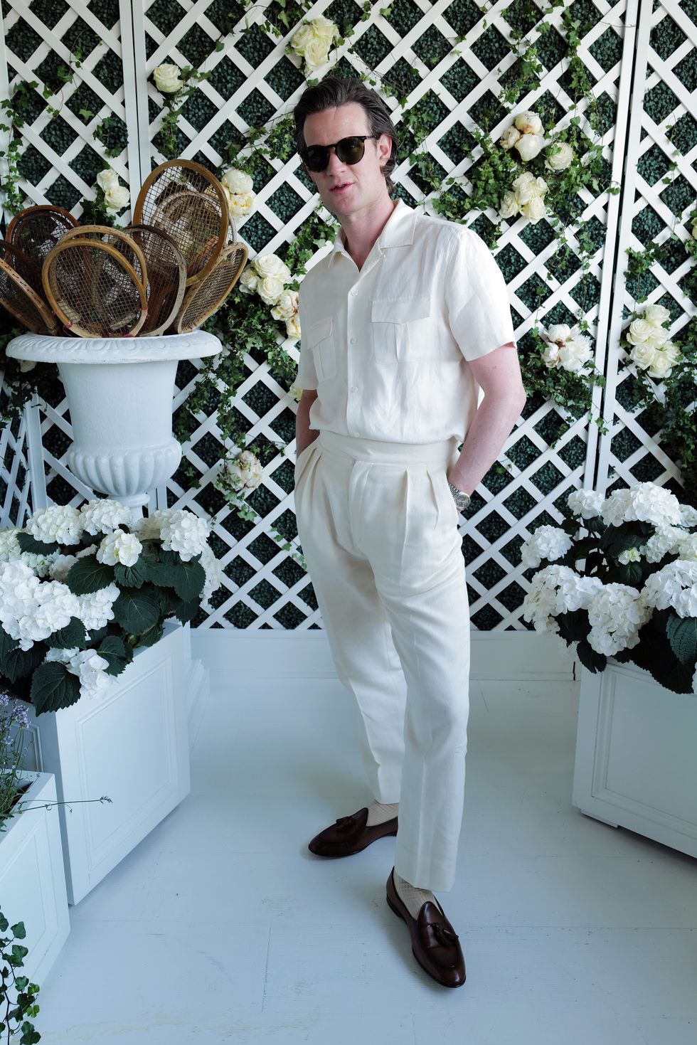 london, england   july 10 matt smith, wearing ralph lauren, attends the ralph lauren suite during the championships, wimbledon 2022 at all england lawn tennis and croquet club on july 10, 2022 in london, england photo by darren gerrishwireimage for ralph lauren