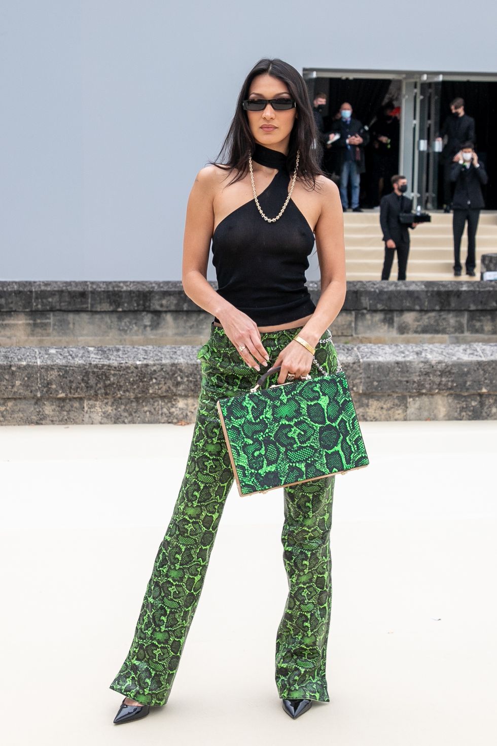 Bella Hadid arrives at Louis Vuitton store during Paris Fashion Week