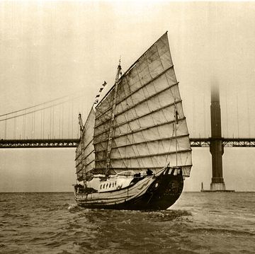 the free china completing her epic 6,000 mile transpacific voyage for 54 days as it arrives to the san francisco bay,  in 1955, six audacious young men undertook a four month journey to san francisco from taiwan, aboard an old chinese junk, "the free china, "tuesday, august 9, 1955 oakland tribune