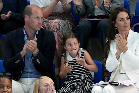 the duke and duchess of cambridge with princess charlotte of cambridge at sandwell aquatics centre on day five of the 2022 commonwealth games in birmingham picture date tuesday august 2, 2022 photo by jacob kingpa images via getty images