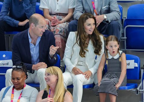 birmingham, england   august 02 prince william, duke of cambridge, princess charlotte of cambridge and catherine, duchess of cambridge attend the sandwell aquatics centre during the 2022 commonwealth games on august 02, 2022 in birmingham, england photo by chris jacksongetty images