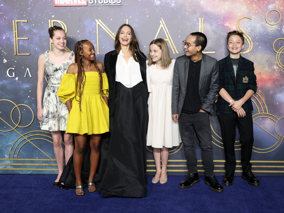 london, england   october 27  shiloh jolie pitt, zahara jolie pitt, angelina jolie, vivienne jolie pitt, maddox jolie pitt and knox jolie pitt attend the eternals uk premiere at bfi imax waterloo on october 27, 2021 in london, england photo by mike marslandwireimage