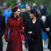 kings lynn, england   december 25 l r prince william, duke of cambridge, catherine, duchess of cambridge, meghan, duchess of sussex and prince harry, duke of sussex arrive to attend christmas day church service at church of st mary magdalene on the sandringham estate on december 25, 2018 in kings lynn, england photo by stephen pondgetty images