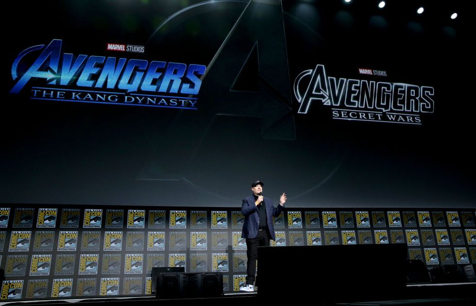 san diego, california   july 23 kevin feige, president of marvel studios, participates in the marvel studios’ live action presentation at san diego comic con on july 23, 2022 photo by jesse grantgetty images for disney