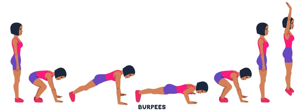 burpee burpees sport exersice silhouettes of woman doing exercise workout, training vector illustration
