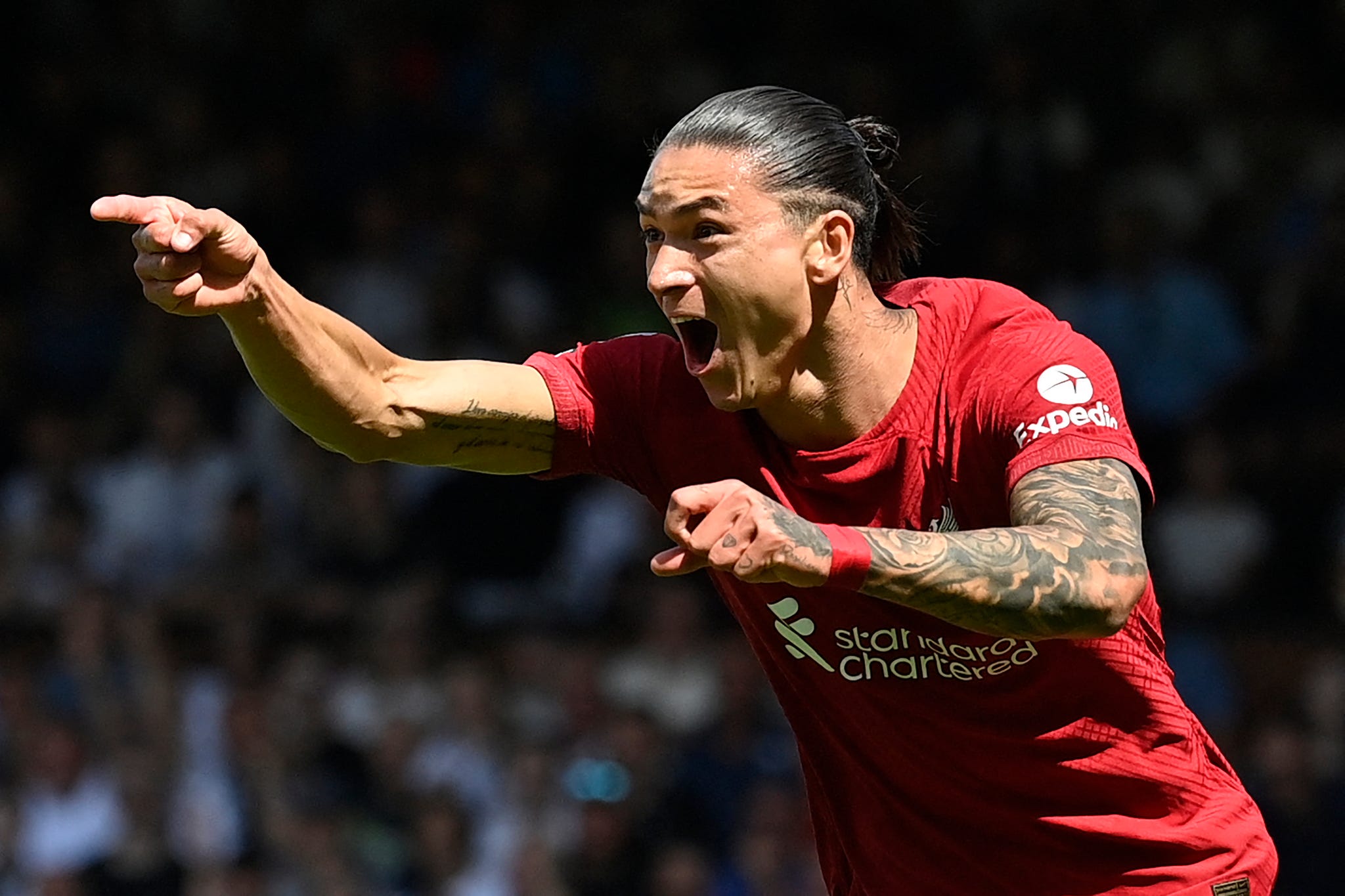 liverpools uruguayan striker darwin nunez celebrates after scoring their first goal during the english premier league football match between fulham and liverpool at craven cottage in london on august 6, 2022   restricted to editorial use no use with unauthorized audio, video, data, fixture lists, clubleague logos or live services online in match use limited to 120 images an additional 40 images may be used in extra time no video emulation social media in match use limited to 120 images an additional 40 images may be used in extra time no use in betting publications, games or single clubleagueplayer publications photo by justin tallis  afp  restricted to editorial use no use with unauthorized audio, video, data, fixture lists, clubleague logos or live services online in match use limited to 120 images an additional 40 images may be used in extra time no video emulation social media in match use limited to 120 images an additional 40 images may be used in extra time no use in betting publications, games or single clubleagueplayer publications  restricted to editorial use no use with unauthorized audio, video, data, fixture lists, clubleague logos or live services online in match use limited to 120 images an additional 40 images may be used in extra time no video emulation social media in match use limited to 120 images an additional 40 images may be used in extra time no use in betting publications, games or single clubleagueplayer publications photo by justin tallisafp via getty images