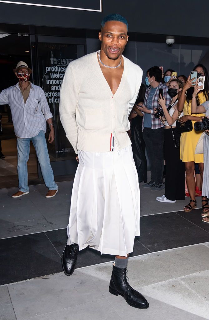 new york, new york   september 11  russell westbrook is seen leaving the thom browne spring 2022 collection during new york fashion week at the griffin theatre at the shed on september 11, 2021 in new york city photo by gilbert carrasquillogc images