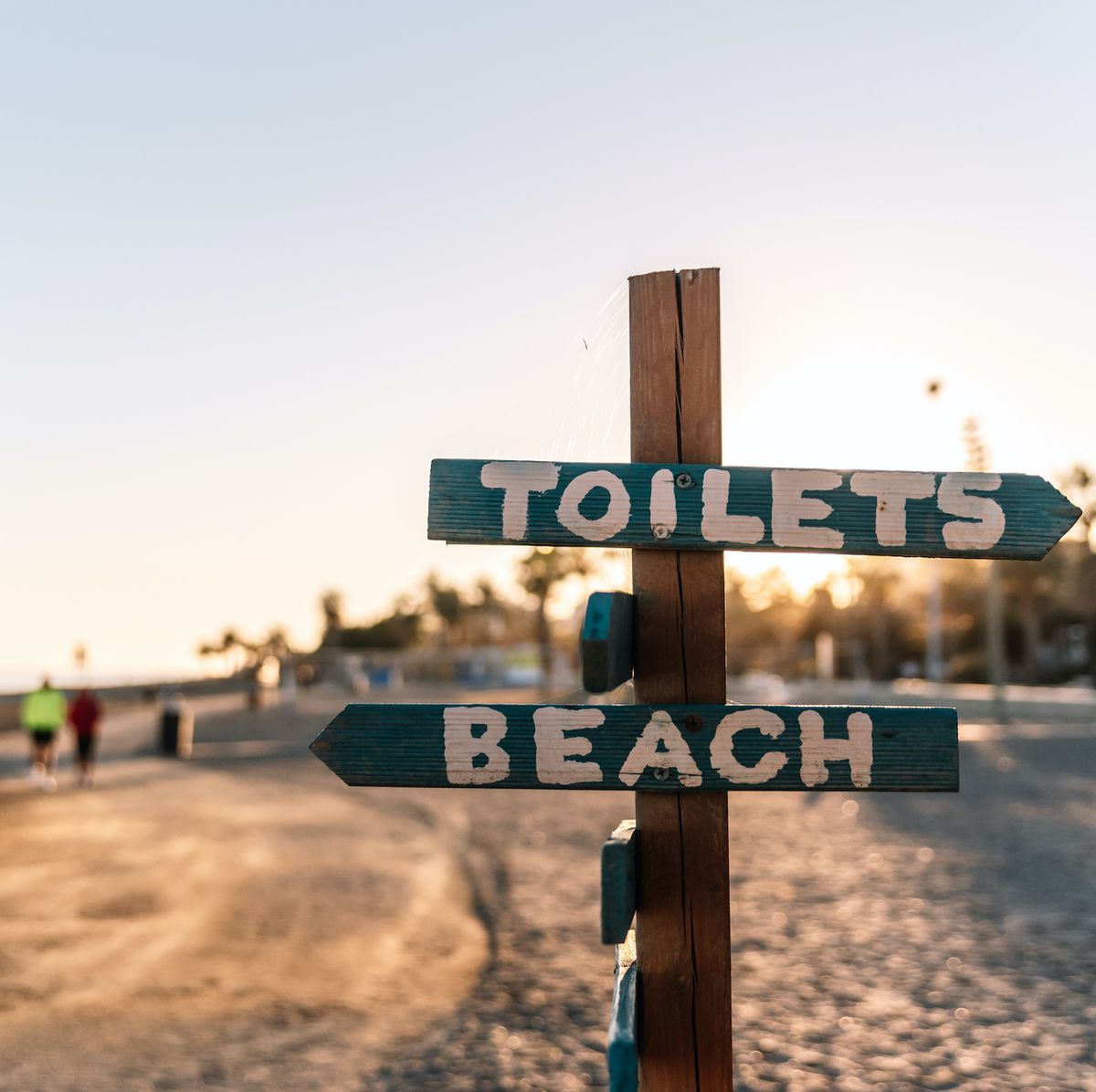 wooden sign marking the direction of the toilets and the beach