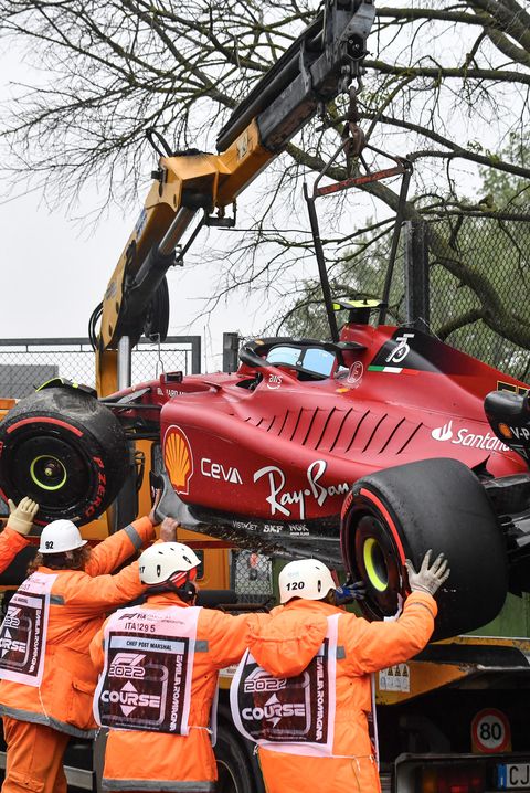 imola, italy   april 22 vehicle of carlos sainz of scuderia ferrari is being pulled after crashing during the qualifying session on the eve of the emilia romagna formula one grand prix at the autodromo internazionale enzo e dino ferrari race track in imola, italy on april 22, 2022 photo by carlo bressananadolu agency via getty images