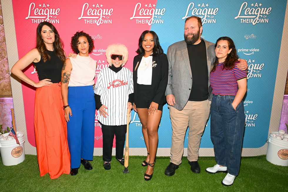 rockford, illinois   july 02 l r d'arcy carden, desta tedros reff, maybelle blair, chanté adams, will graham, and abbi jacobson attend prime video's "a league of their own" special screening on july 02, 2022 in rockford, illinois photo by daniel boczarskigetty images for prime video