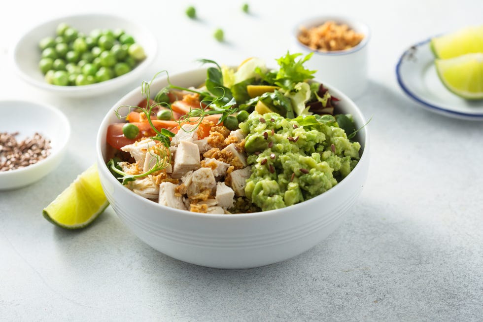 healthy salad bowl with chicken and avocado