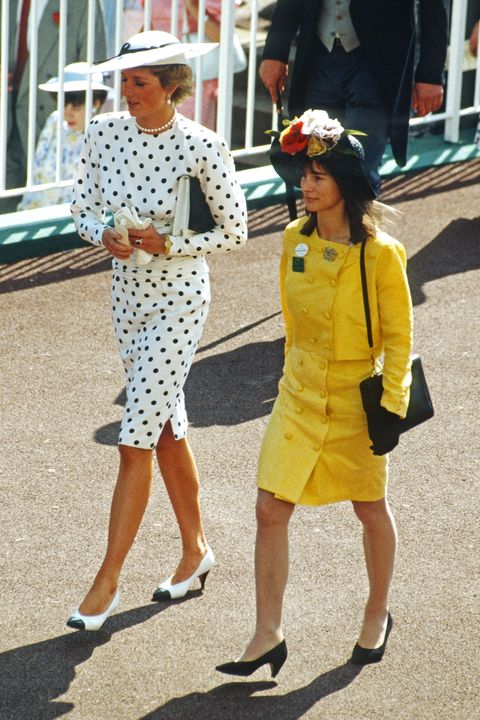 ascot, england   june 15 diana, princess of wales, wearing a white dress with black polkadots designed by victor edelstein and a matching hat designed by frederick fox, attends royal ascot on june 15, 1988 in ascot, united kingdom photo by anwar husseingetty images