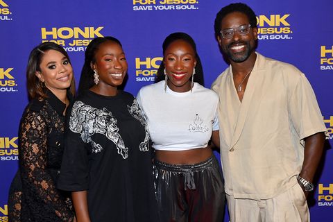 atlanta, georgia   august 26 l r regina hall, adamma ebo, adanne ebo, and sterling k brown attend a special atlanta screening of honk for jesus save your soul at plaza theatre on august 26, 2022 in atlanta, georgia photo by paras griffingetty images for focus features