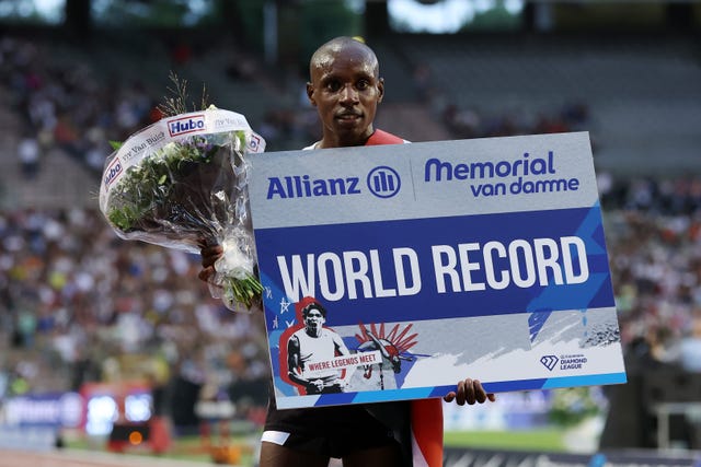 brussels, belgium   september 02 sabastian kimaru sawe of kenya poses for a photo after setting a new world record in 1 hour men final during the allianz memorial van damme 2022, part of the 2022 diamond league series at king baudouin stadium on september 02, 2022 in brussels, belgium photo by alexander hassensteingetty images